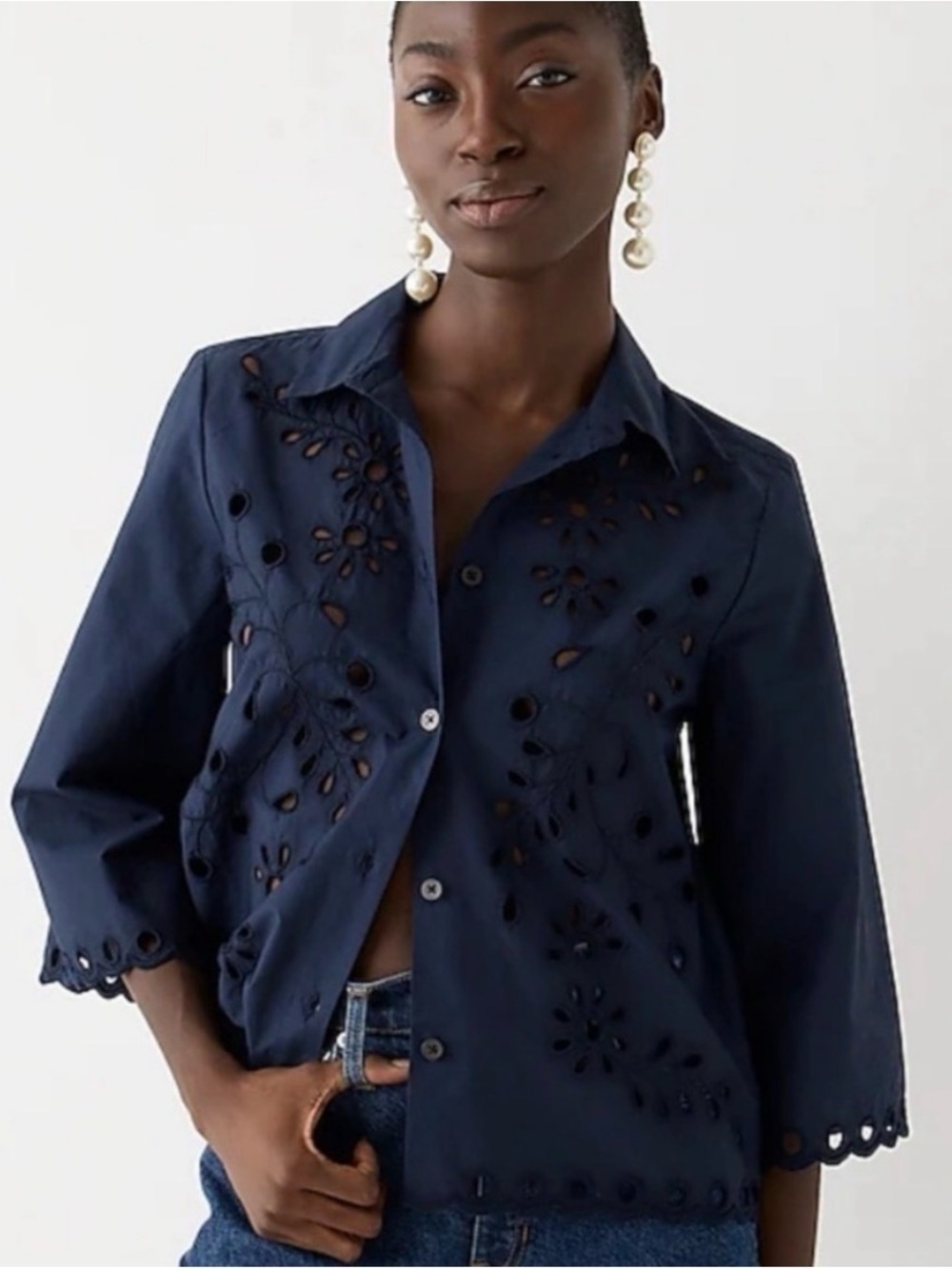 J Crew Collection Cotton Poplin Floral Eyelet Blouse in Navy Blue, Women’s XS